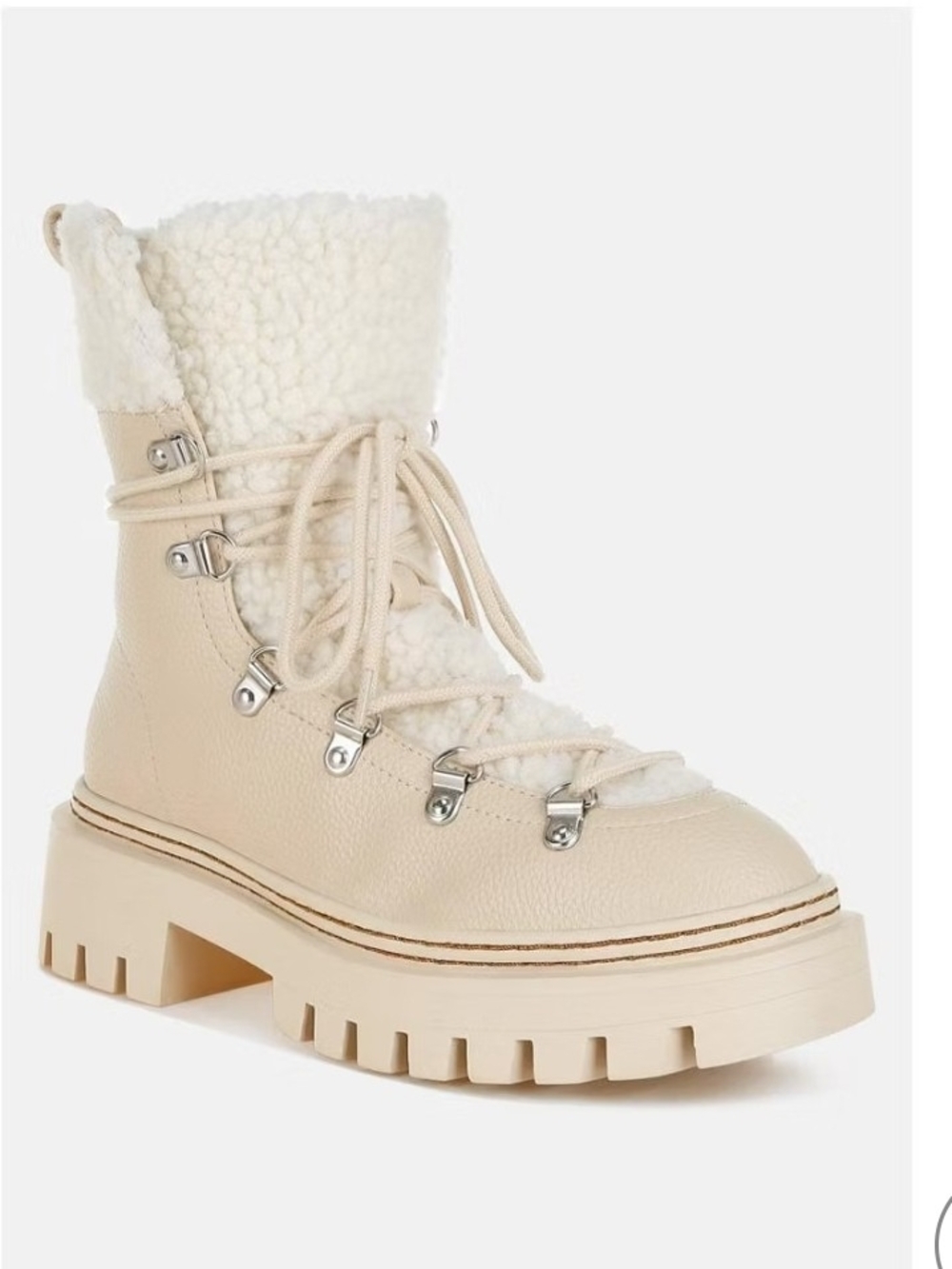 London Rag Neutral Cream Lace-Up Sherpa-Trim Platform Boot
